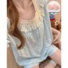 2026 Summer Women's Cotton Pajama Set with Built-in Bra, Lace Trim & Short Sleeves