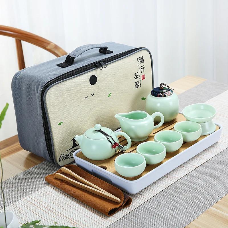 Ceramic Teapot One Pot Four Cup Outdoor Travel Kung Fu Tote Bag Set  Teaset Chinese Tea