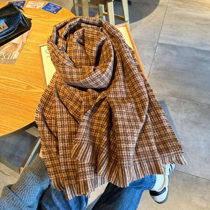 Gentle tie imitation cashmere knitted scarf women's autumn and winter color plaid fringed scarf large shawl
