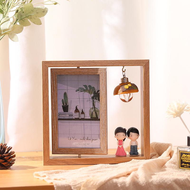 6-Inch Modern Double-Sided Rotating Wooden Photo Frame & Album with Wood Carving Ornament