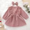 Baby Girl Dress, High-Waist Midi, Long Sleeve Round Collar Ruffle Buttons Princess Pleated Fall Skirt Headband