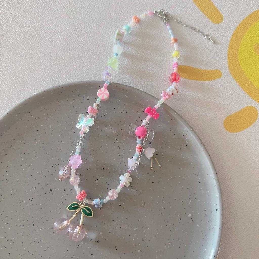 Summer Fashion Dopamine Candy Color Flowers Bow Tie Heart Star Pendant String Beads Necklace for Women Cute Collar Chain Jewelry