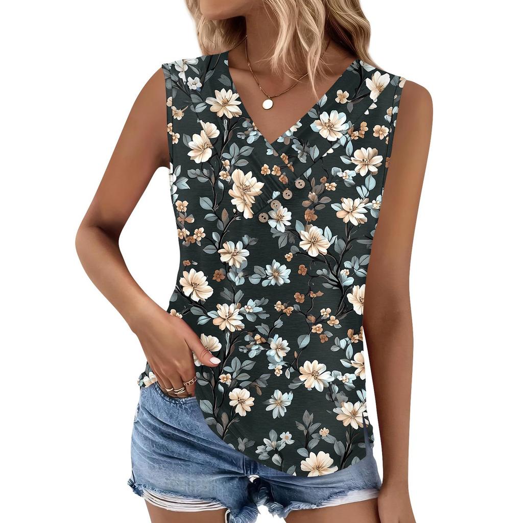 Women's Print Tank Top Button-down V-neck T-shirt Sleeveless Loose Fashion Top