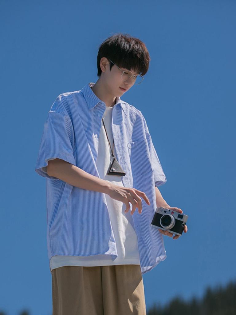 Men's Japanese Striped Short-Sleeve Lapel Shirt - Summer Cityboy Casual Versatile Trendy Brand Jacket