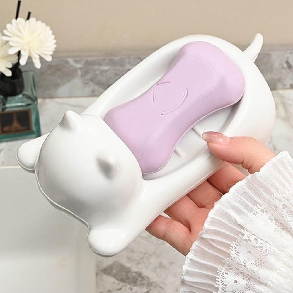 Cute Cat Shaped Soap Dish, Self Draining Soap Holder Tray Decorative Soap Bar Dishes for Bathroom Kitchen Sink, Countertop Decor