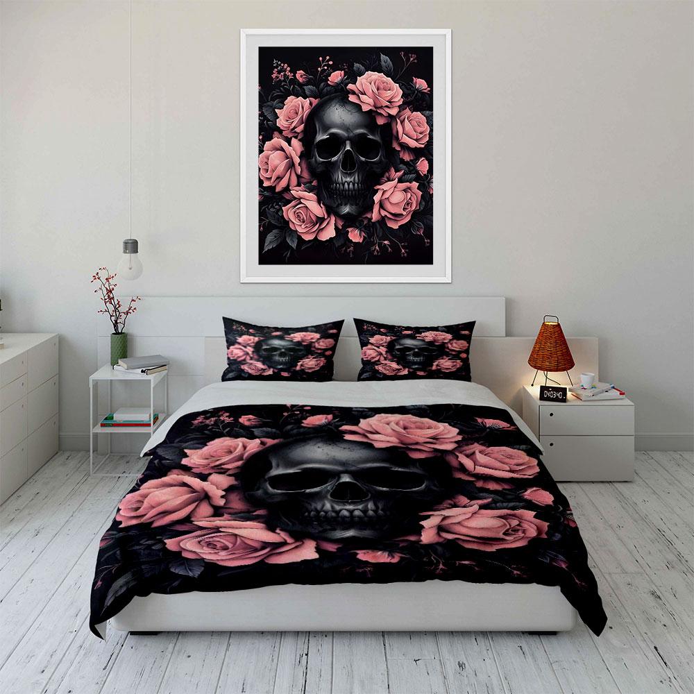 Skull and Pink Roses Design Bedding Duvet Cover Set (1*Duvet Cover 2*Pillowcases, Without Duvet Insert)