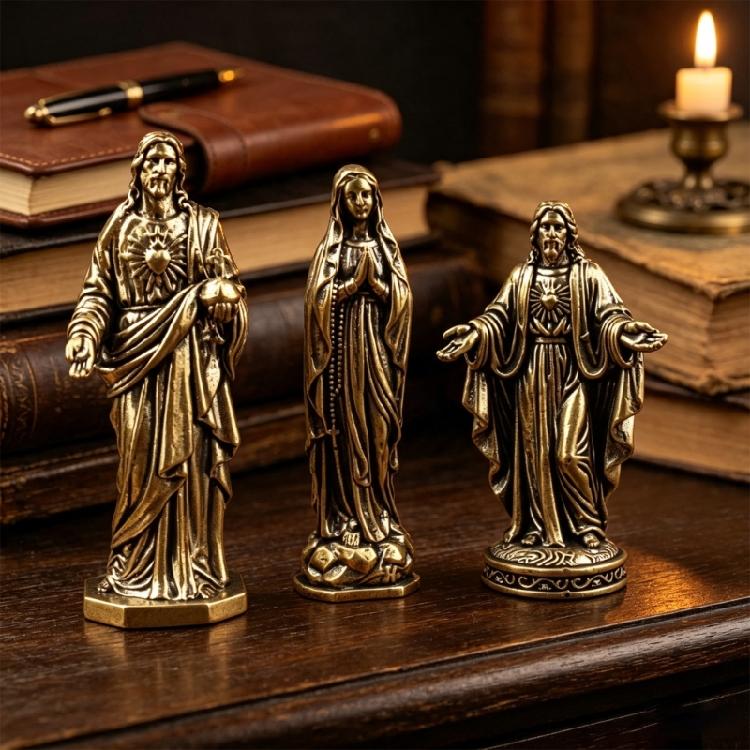 Brasses Christian Sculpture Sacred Holy Father Mother Figurine Set of 3 For Prayer Space And Religious Educational Use Home Church Decors
