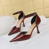 European & American High Heel Pointed Patent Leather One-Strap Sandals with Sexy Hollow Design