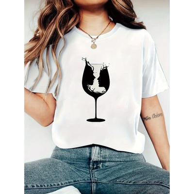 Europäische Größen Damen Schwarz Grafikdruck T-Shirt - Hochelastisches atmungsaktives Gewebe, Rundhalsausschnitt Kurzarm mit Cartoon Wein