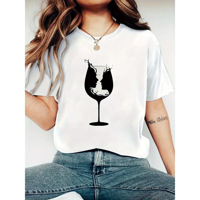 European Sizes Women's Black Graphic Print T-Shirt - High-Stretch Breathable Fabric, Round Neck Short Sleeve with Cartoon Wine