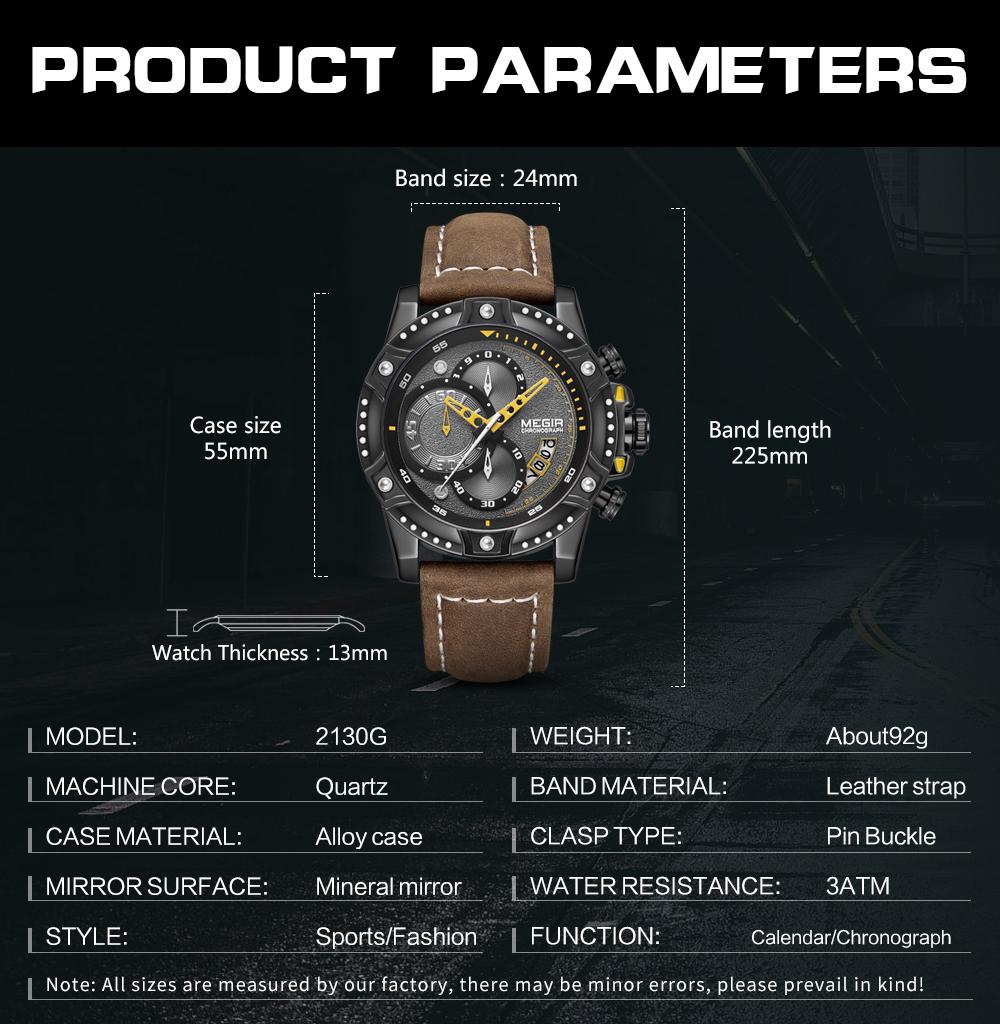 MEGIR 2130 Men Watches Luxury Brand Quartz Wristwatch Waterproof Leather Sports Watch Casual Chronograph Watches Reloj Hombre