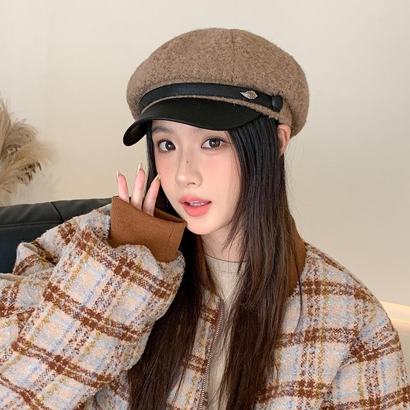 Korean Leather Brim Fashion Versatile Octagonal Hat Autumn and Winter Hat Women's Style Plus Velvet Warm Beret Temperament Newspaper Boy Hat