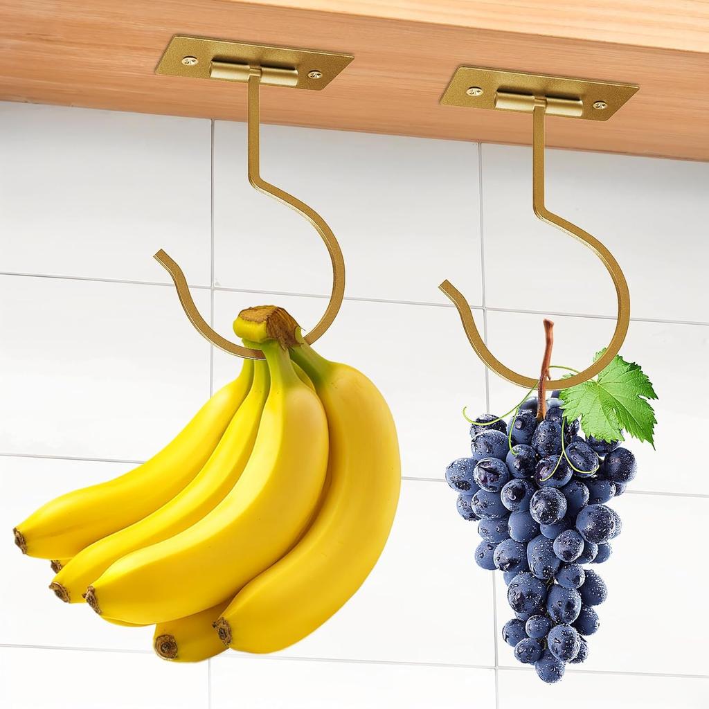 Self Adhesive Banana Hook Under Cabinet Foldable Banana Hanger Black Metal Under Counter Banana Hook to Keep Bananas Fresh Banana Holder for Kitchen