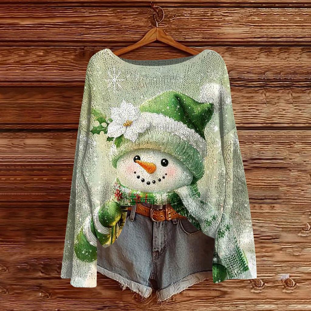 Women's Fashion Christmas Print Lightweight Sweater Casual Long-Sleeve Knit Pullover Top