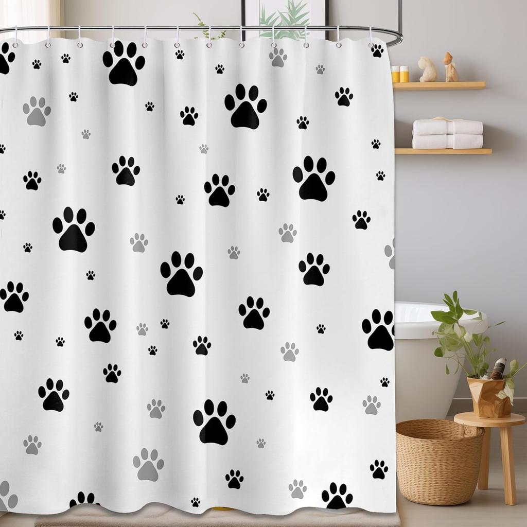Paw Print Shower Curtain Dog Cat Black And White Funny Kids Bathroom Decor, Waterproof Cloth Fabric With Hooks (60" W X 72" L)