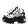 New silvery men Shoes Punk Style Lace-up Heel Height 6CM Platform Shoes Woman Gothic Ankle Rock Boots Metal Decor Woman Sneakers