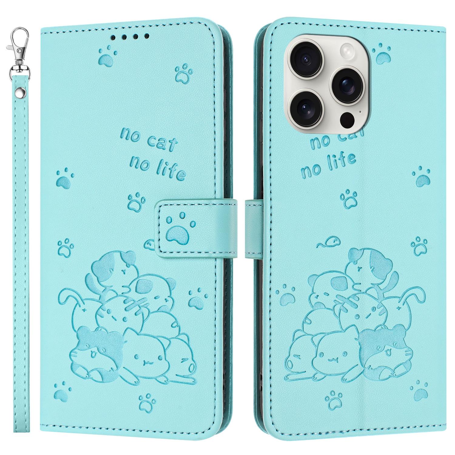For iPhone 14 Pro Case with Strap Cats Imprint Leather Wallet Phone Cover A
