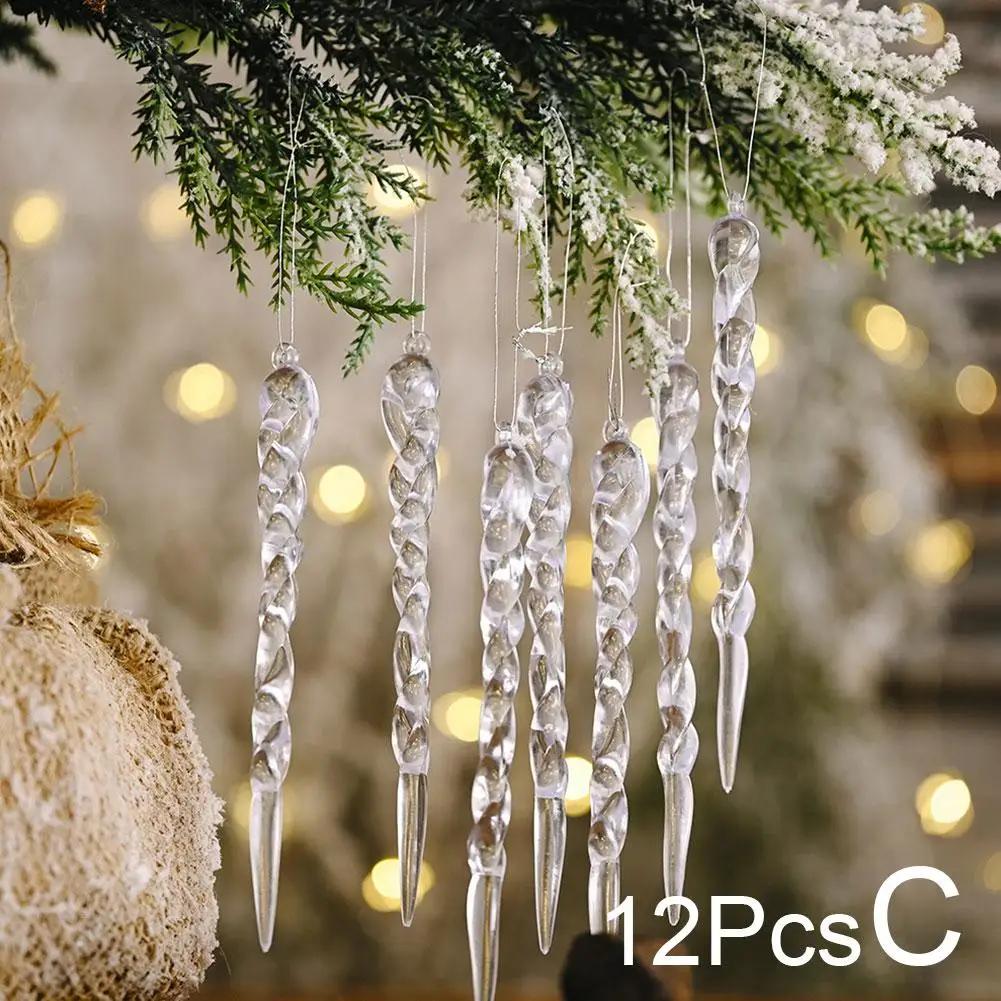 

12pcs Christmas Clear Simulation Ice Xmas Tree Hanging Year Winter Ornament Party Fake Home Icicle Supplies Navidad Decor N H7F3