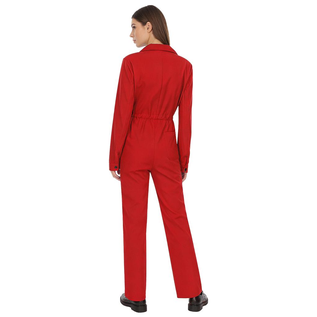 Womens Button Coverall Casual Solid Color Turn Down Collar Long Sleeve Jumpsuit Work Travel Holiday Style
