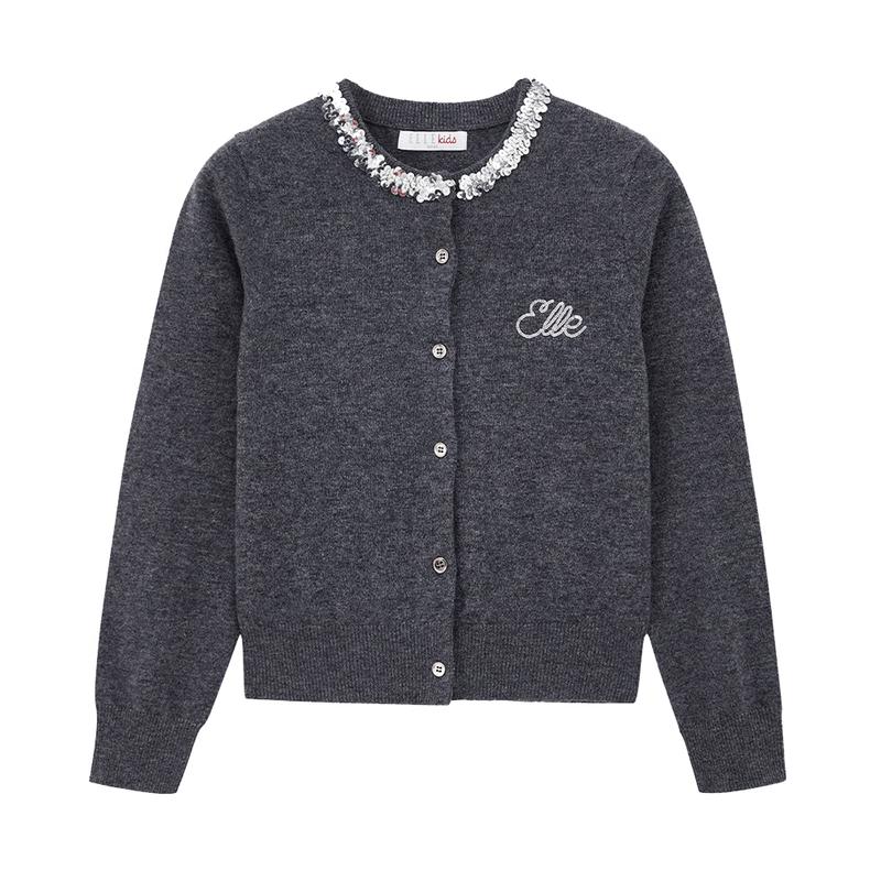 ELLE KIDS Girls' Sequin Neck Wool Knit Sweater