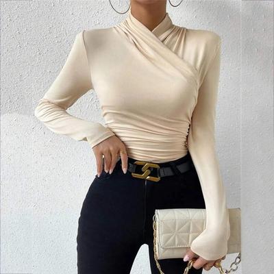 Damen Herbst und Winter Tank Tops mit Ausschnitt Slim Fit Vielseitiges Plissee T-Shirt Sexy Cross Ladies Crop Tops Streetwear
