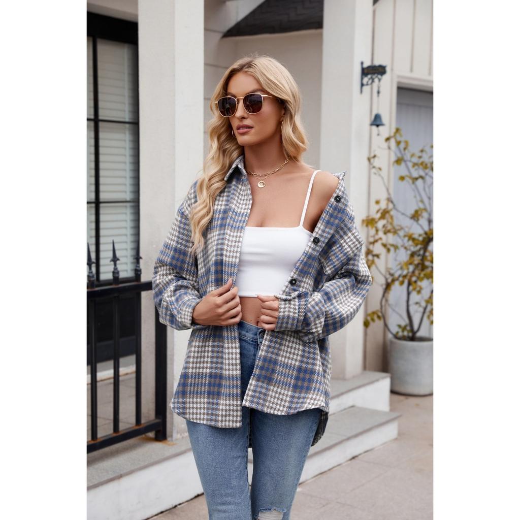 Women's Clothing, Thousand Bird Plaid, Buttons, Flannel, Woolen Shirt