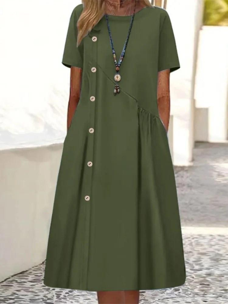 2024 Casual Mid-Length Dress with Button and Ruched Pocket Design