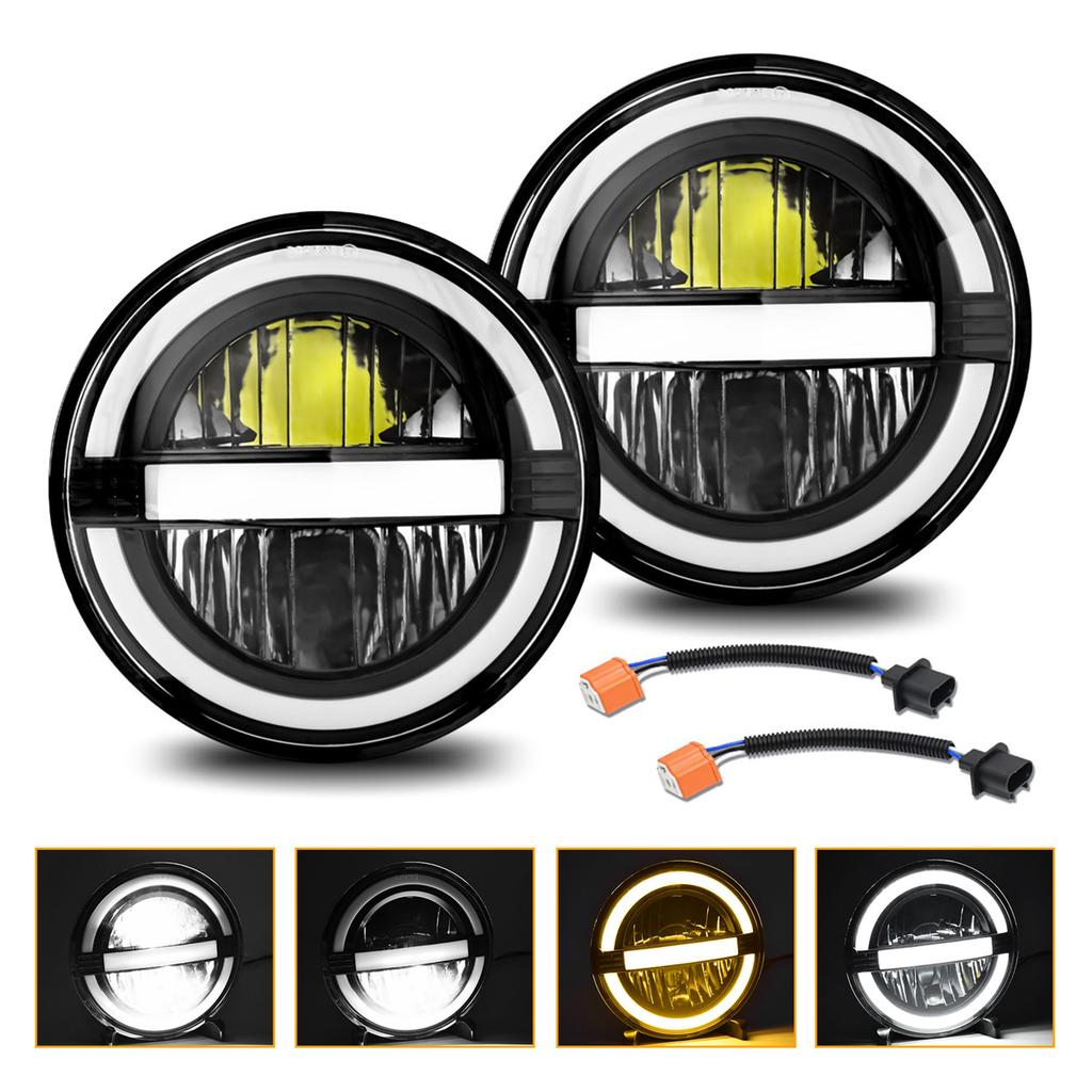 2 Pack Round LED Headlights, 7 Inch Headlamps with White High Low Beam, Amber Turn Signal, DRL, IP67 Rated, Compatible