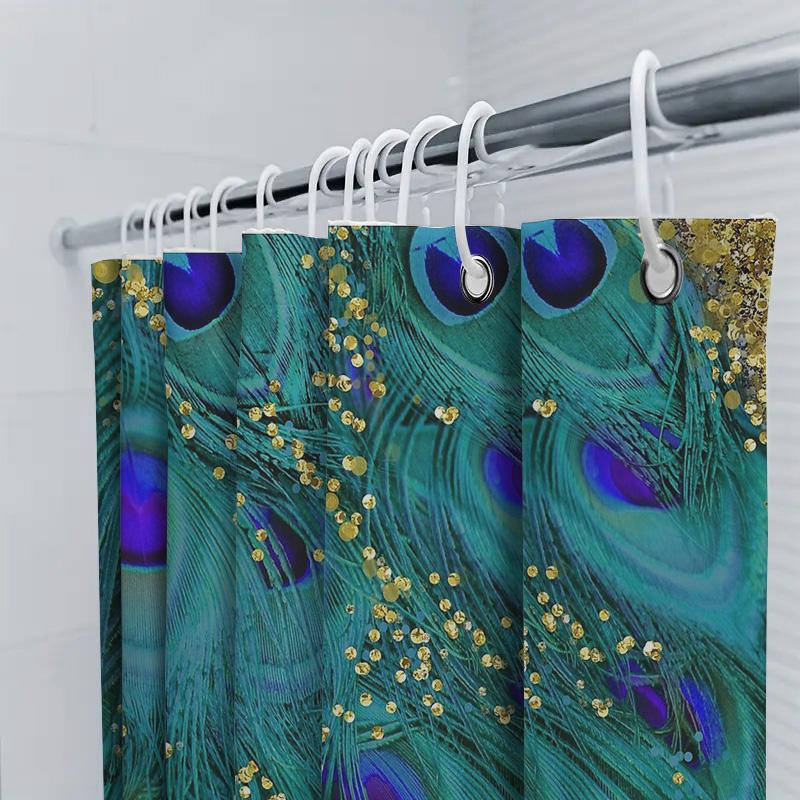Peacock Feather Shower Curtain Nature Teal Blue Pattern Bathroom Decor Washable Fabric Waterproof Home Textile Artistic Design