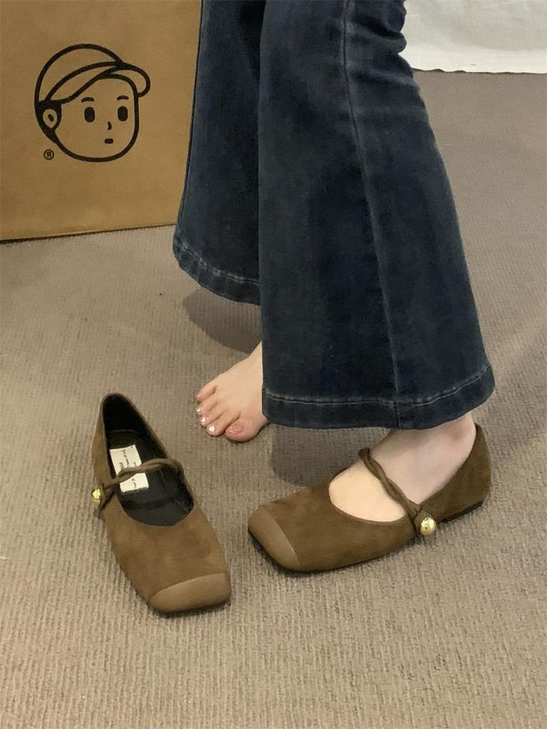 French Mary Jane shoes soft leather Japanese retro suede square head with skirt single shoes large size women's shoes 41-43