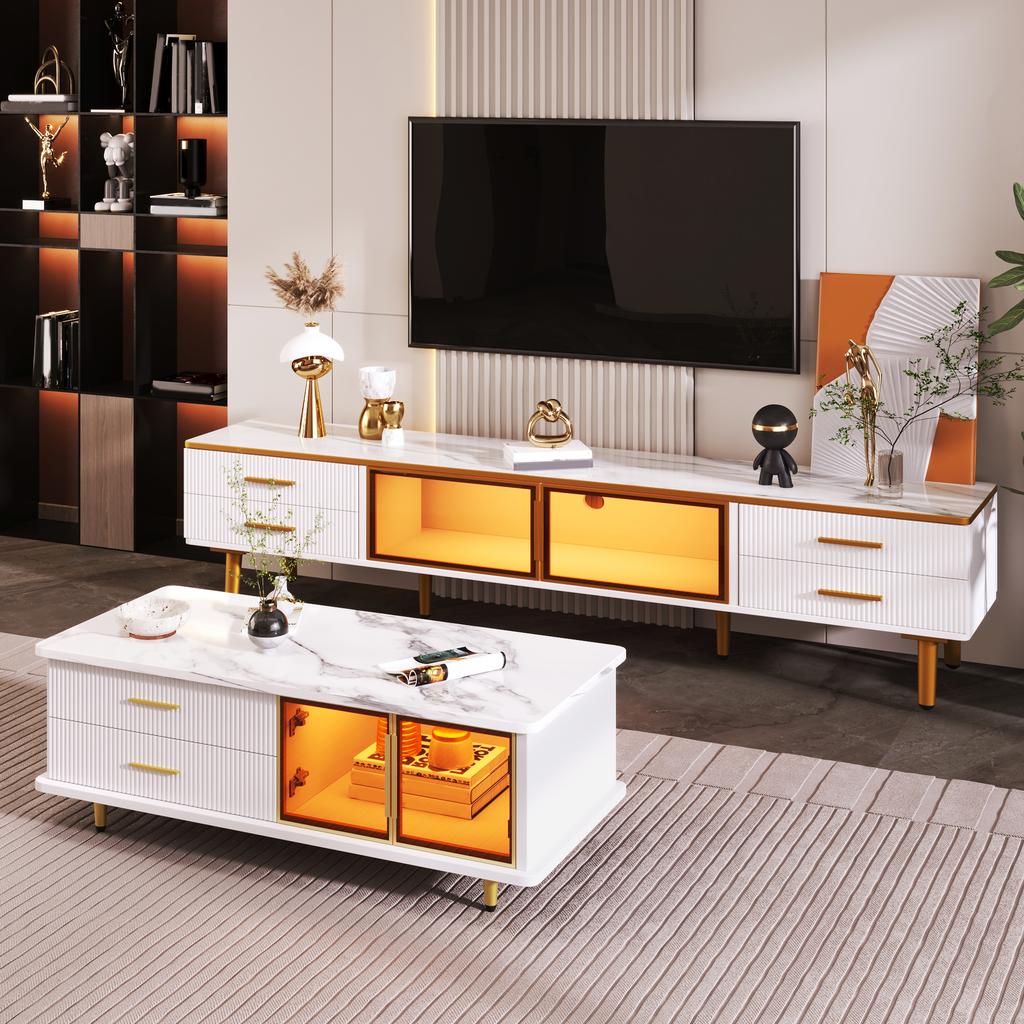 Coffee Table, TV Cabinet, Living Room Furniture, Glass Door, Alloy Frame, Drawers Wave Structure, Gold Handles and Legs, Tabletop Marble Structure.