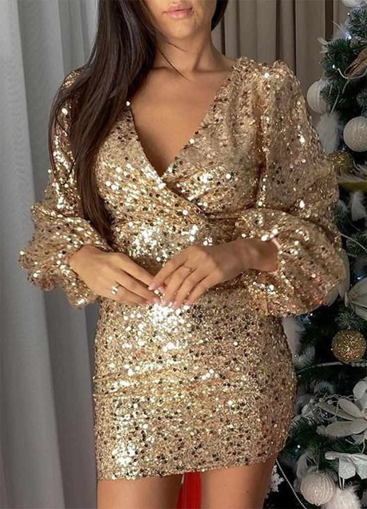 Europe, America, the new sexy Europe and America women's clothing V-neck sequined long-sleeved dress evening dress
