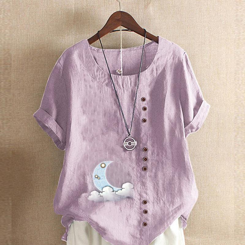 Women's Fashion Round Neck Short Sleeve T-shirt Casual Cotton Linen Graphic Shirt Leisure Loose Moon Prined Summer Blouse Tops