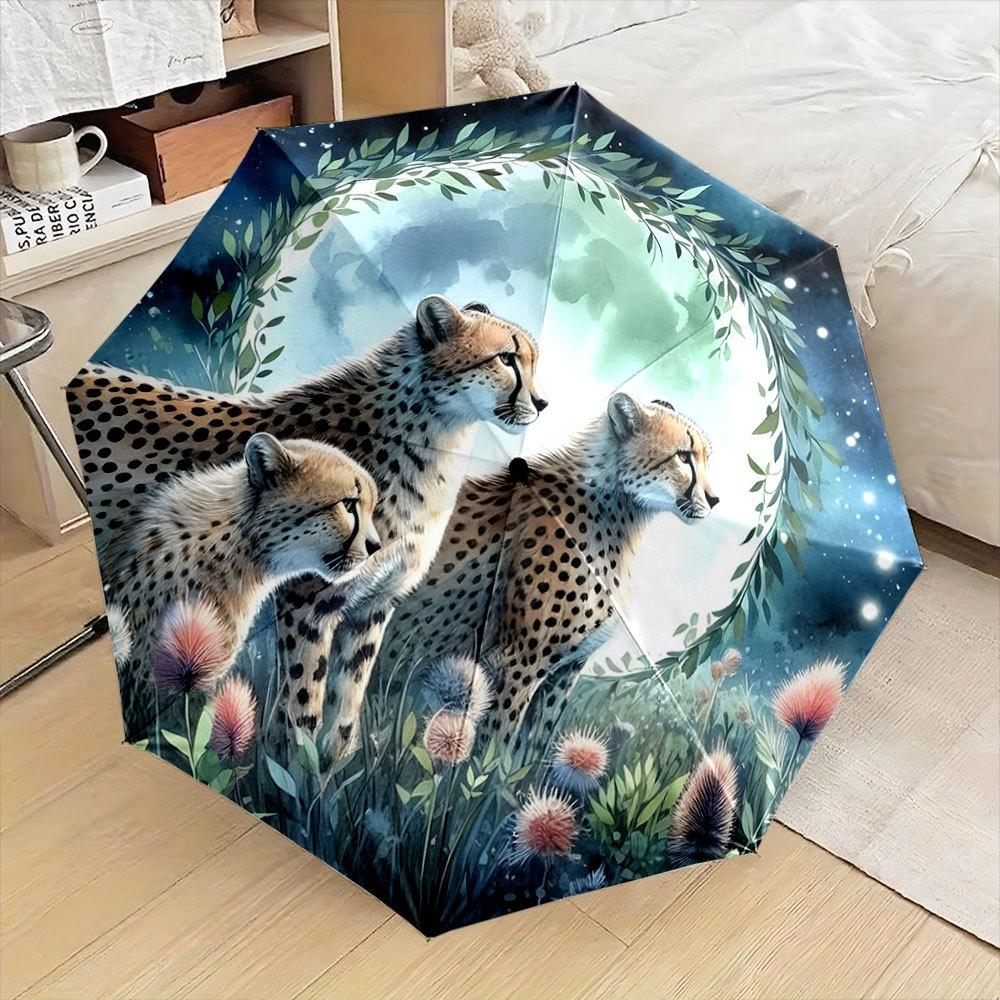 

Open/Close Cheetah Print Folding Umbrella - 8-Rib Compact Portable Self-Opening/ Closing, Safari-Themed Windproof Umbrella wit