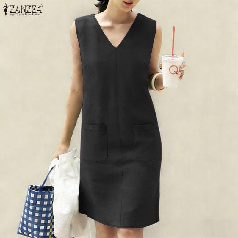 ZANZEA Women Casual V-Neck Summer Sleeveless Dress