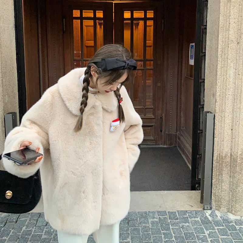 Little white bear imitation fur coat women's medium and long loose lapel collar environmentally friendly mink hair thickened plush coat winter fire