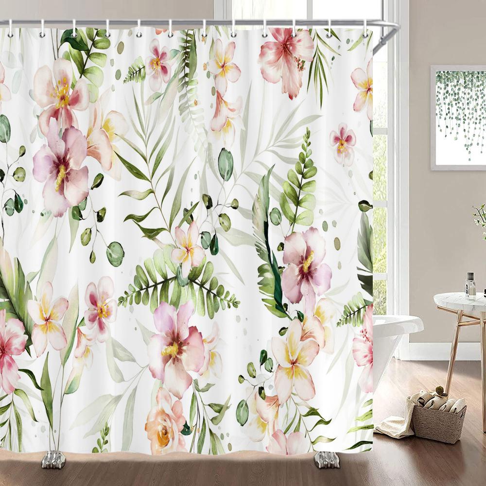 Eleganter Blumenvorhang 180x180cm Floral bedruckter Duschvorhang Polyester Badvorhang Badezimmerdeko Waschbar mit Haken