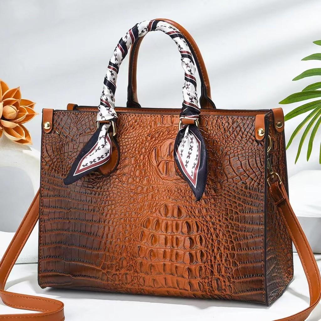 Womens Handheld Crossbody Bag With Crocodile Embossed And Silk Scarf Decoration