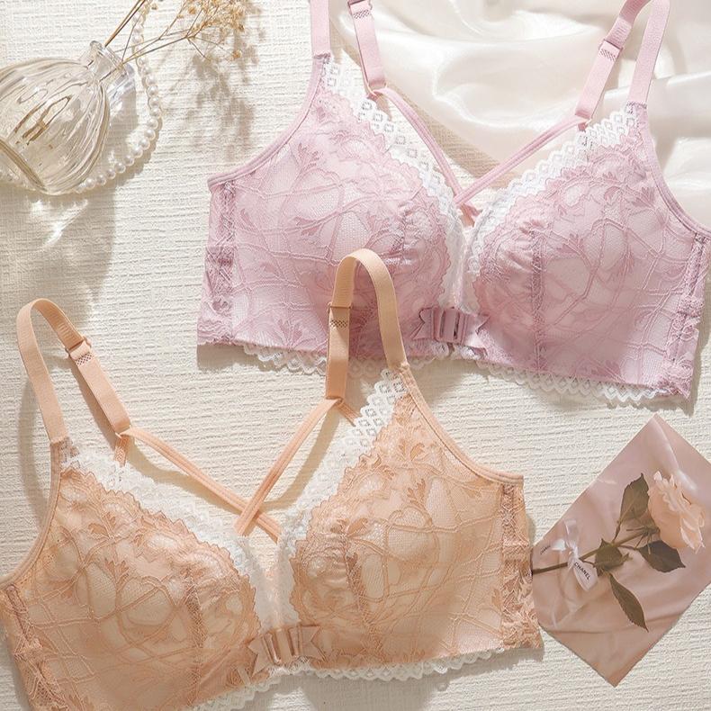 Front Button Bra Sexy Lace Gathering Bra Breast Retraction Anti-sagging Underwear Lace No Steel Ring Beautiful Back Bra
