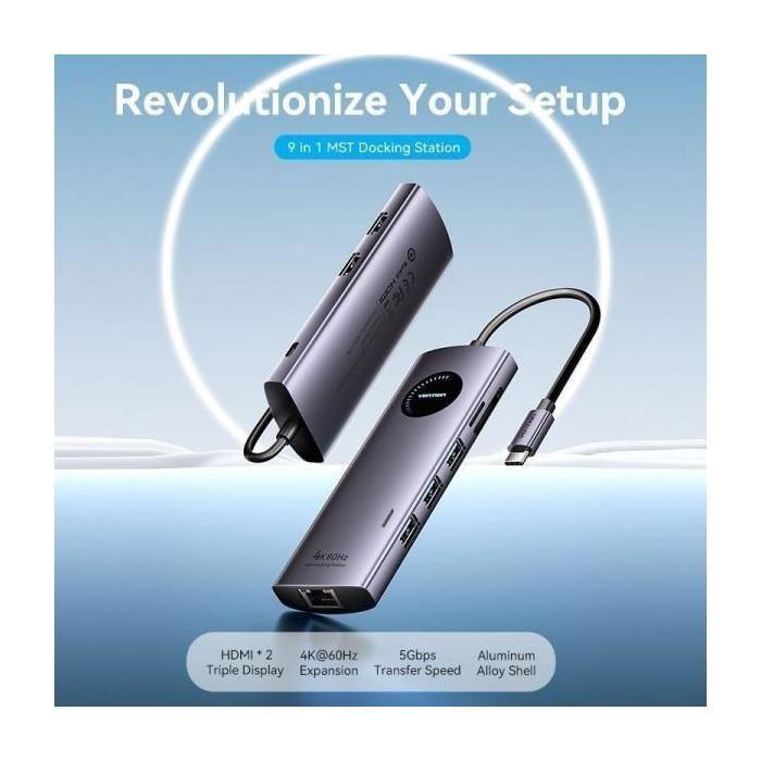 Docking USB Tipo-C Vention TQVHB- 2xHDMI- 3xUSB- 1xRJ45- 1xLector de Tarjetas- 1xUSB Tipo-C PD- Gris