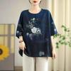 Large Size Retro Cotton and Linen Printed Half-sleeved T-shirt Women's Summer Loose Fat Mm Cover Belly and Thin Western Style Top