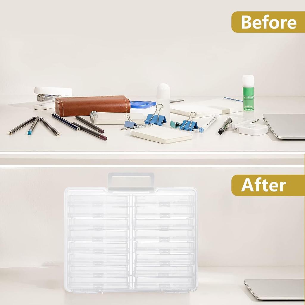 Photo Storage Box with Handle, Photo Organizer Storage Container with 16 Inner Case and 1 Sheet Label for Pictures, Arts