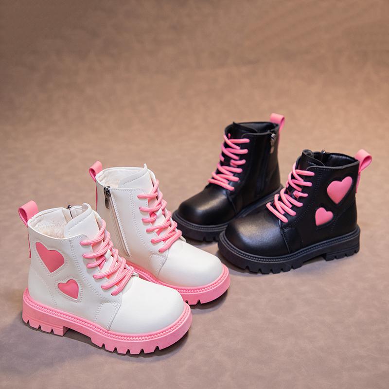 Girls Fashion Boots Kids Rubber Leather Boots Autumn and Winter Cotton Soft Sole Pink with Love Side Zip Children Princess Boots