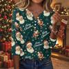Women's Fashion Casual Christmas Print V-Neck Button Three-Quarter Sleeve T-Shirt Blouse