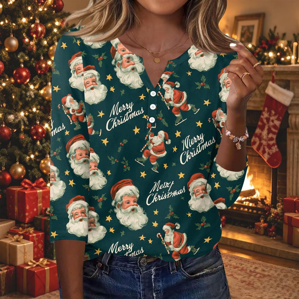 Women's Fashion Casual Christmas Print V-Neck Button Three-Quarter Sleeve T-Shirt Blouse