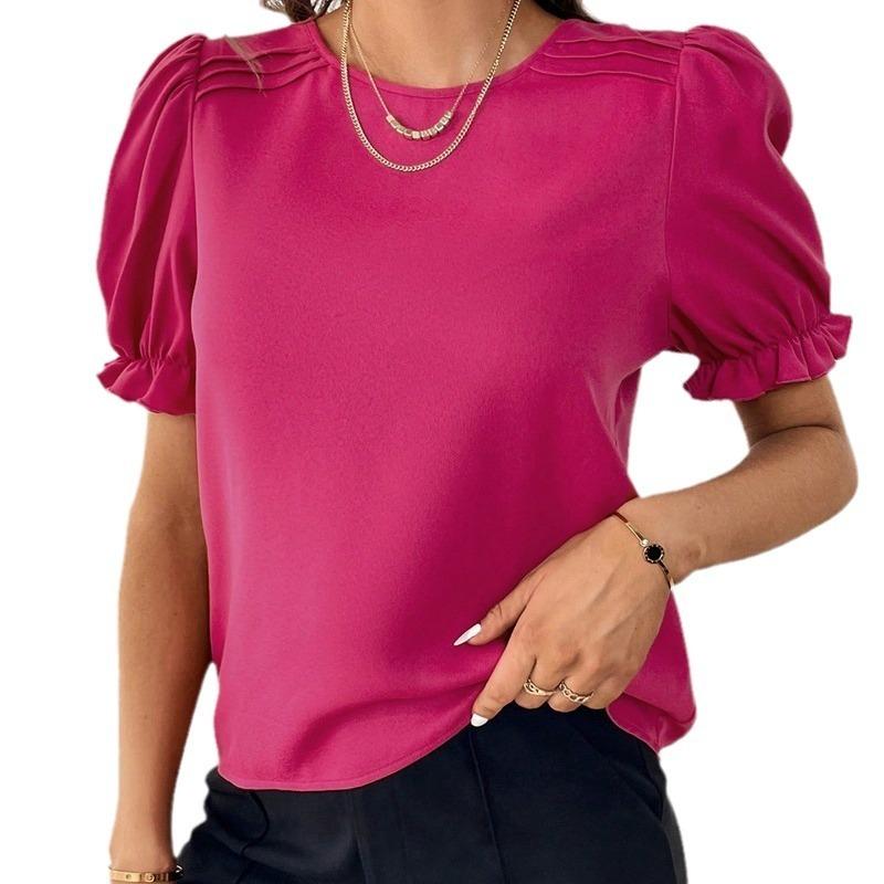 Women Solid Color Round Neck Short Sleeve Lantern Sleeve Casual Pullover Shirt Blouse