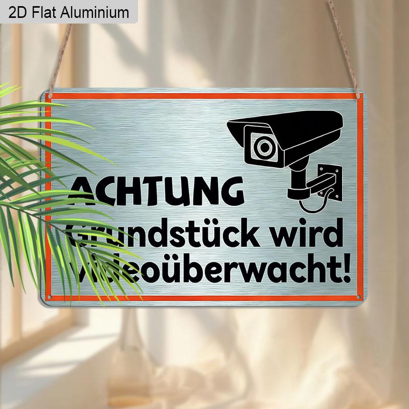 2D Flat 1pc 12"x8" Retro Security Aluminium Wall Art with "ACHTUNG Grundstück Wird Videoüberwacht!" Quote - Vintage German Warning Sign, Camera