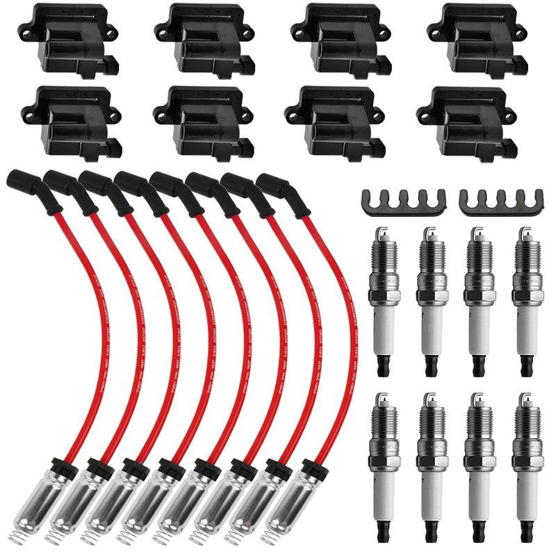 Square Ignition Coil & Spark Plug & Wires Pack For Chevy GMC 4.8L 5.3L 6.0L 8.1L UF271+ M8-48322R 88862385+41-962