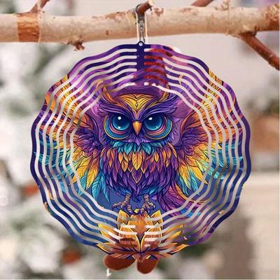 Purple Golden Owl Wind Chime with Stained Glass Outdoor Garden Decor 360 Rotating Hook No Battery Needed Easy Hang Home Art