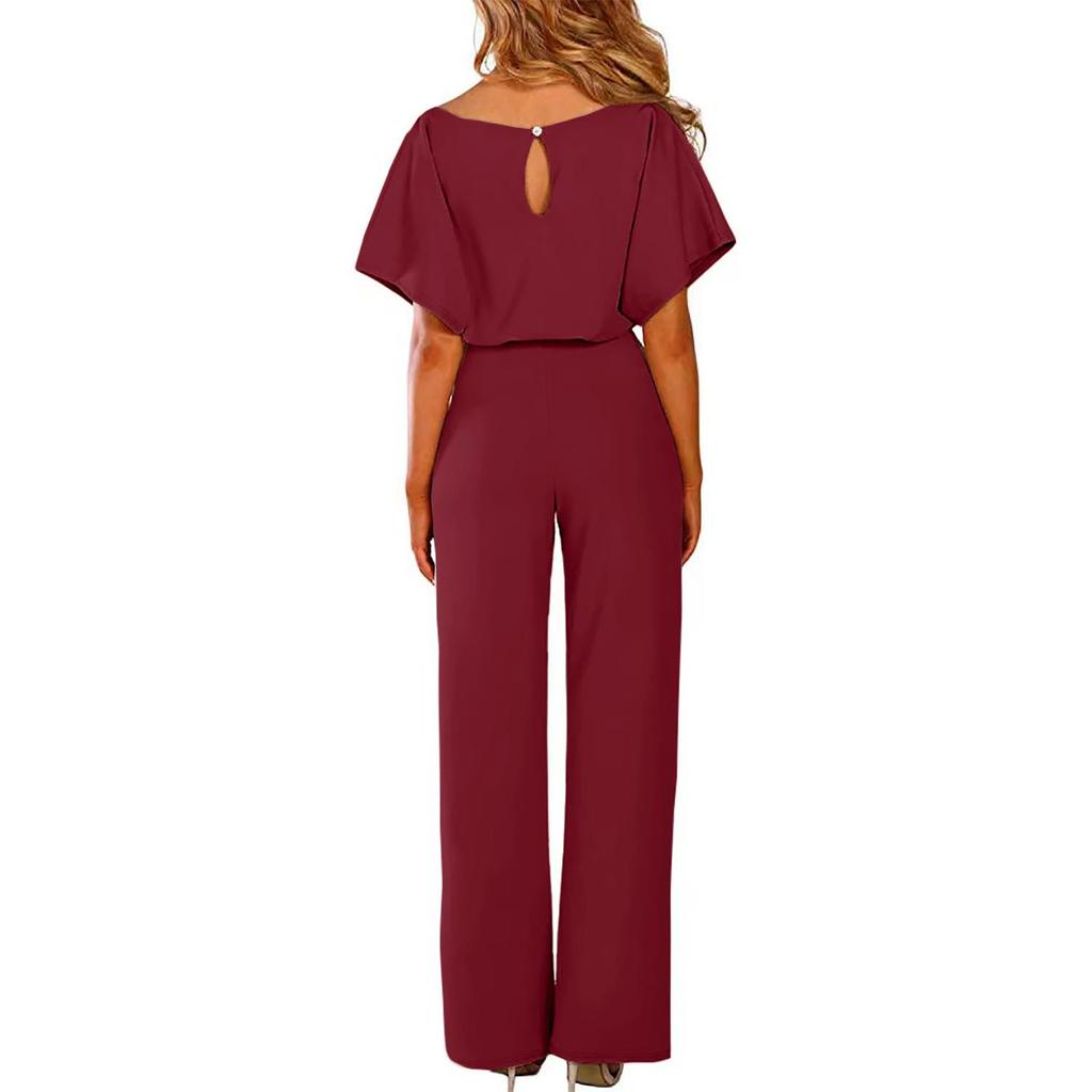 Solid Color Short-Sleeve Tie-Sleeve Romper Jumpsuit